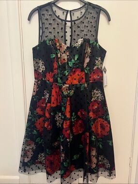 NWT Black Floral Fit-and-Flare Dress with Sheer Polka Dot Yoke